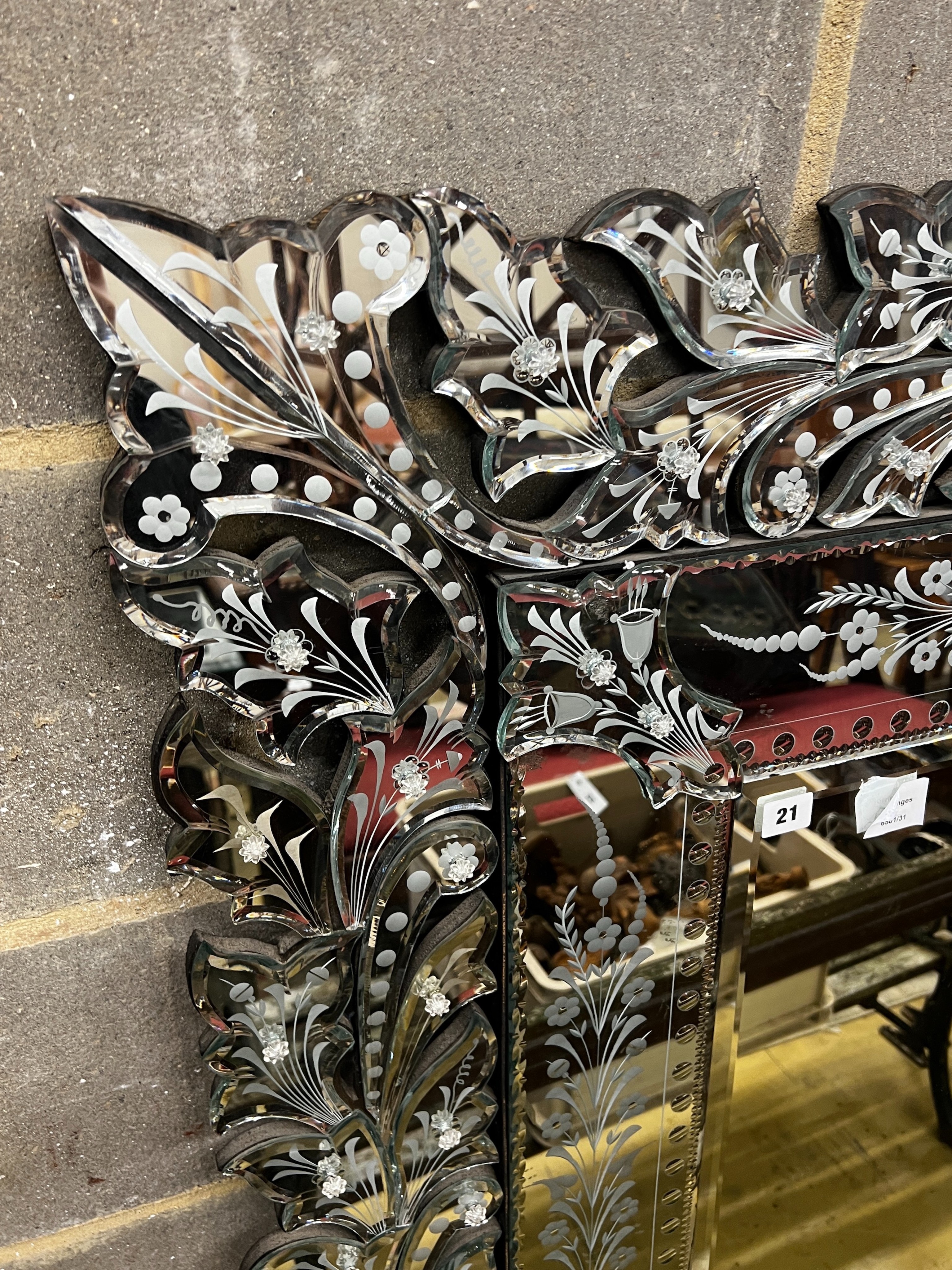 A large rectangular Venetian style etched wall mirror, width 146cm, height 146cm